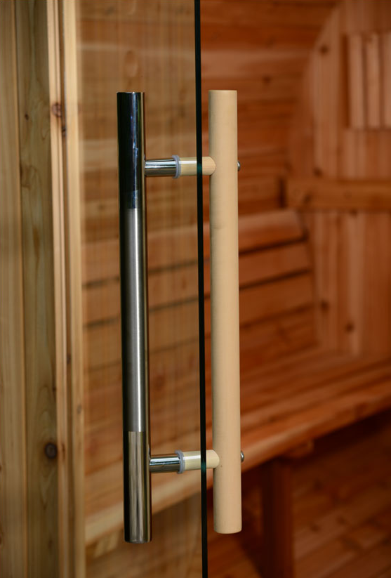 Cedar Barrel Sauna. Glass Door. Handle.