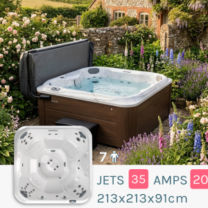 Outdoor wood-cabinet hot tub filled with water in a flower-filled garden; 213×213×91 cm, 7-person capacity, 35 A jets (hose/controls visible)