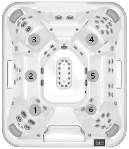 Top-down view of a white six-seat hot tub with seats labeled 1–6 and multiple jet clusters around each seat.