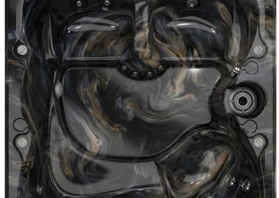 Top-down view of a black-marble hot tub with multiple jet configurations and built-in seating.