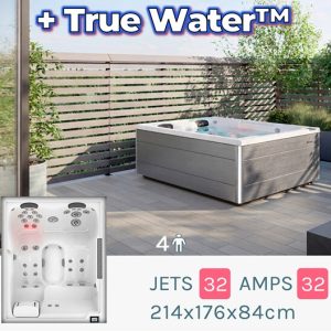 Outdoor four-person hot tub on a patio with privacy fencing and '+ True Water' branding above.