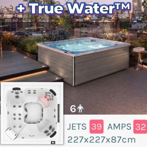 Rooftop deck hot tub by city skyline; True Water ad showing 6-person capacity and specs (39 jets, 32 A, 227x227x87 cm).