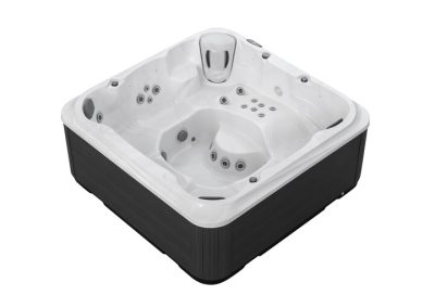 White rectangular hot tub with multiple water jets and a black exterior paneling nearby.