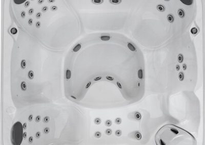 White square four-seat hot tub with multiple water jets and built-in seating, seen from above.
