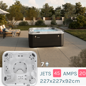 Outdoor hot tub on a patio with seating nearby; seven-person capacity, 20 jets, 45-amp jets, dimensions 227×227×92 cm (inset shows the tub interior).