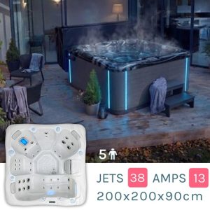 Outdoor hot tub on a deck with blue LED edges and steam rising; inset shows a white spa with multiple seats and jets.
