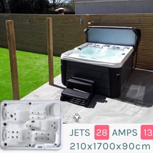 Outdoor backyard with a large hot tub on a tiled deck and a wooden privacy fence; inset image of a second tub. Overlay text: 'JETS 28 AMPS 13' and '210x1700x90cm'.