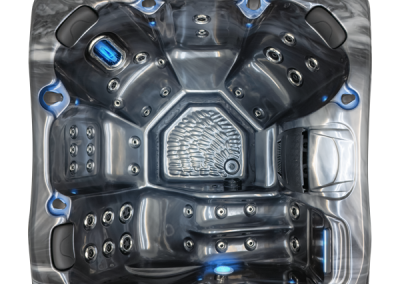 Top-down view of a square hot tub with multiple ergonomic seats and numerous water jets, blue LED accents glowing