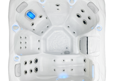 Top-down view of a white square hot tub with multiple jet nozzles and blue LED lights